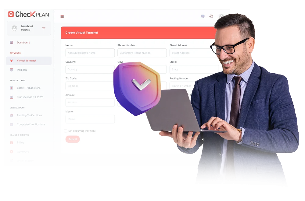 Merchant using the eCheckPlan virtual terminal dashboard